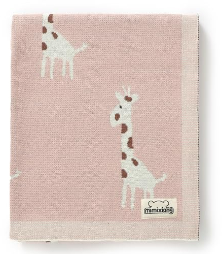 mimixiong Soft 100% Pure Organic Cotton Knitted Newborn Baby Blanket, Swaddle Blanket, Giraffe Pink (80 x 100cm)
