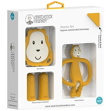 Matchstick Monkey Beißring Starter Set 3 teilig - Baby Zahnungshilfen - für wundes Zahnfleisch - Silikon - BPA-Frei - Beißring Tiermotiv, Beißring Gesicht, Fingerzahnbürsten - Ludo Löwe