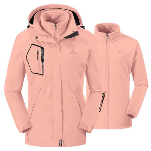 donhobo Dam utomhus 3-i-1 skidjacka med fleecejacka vattentät regnjacka vindtät varm vinterjacka dubbeljacka funktionell jacka med avtagbar huva, ROSA, XS
