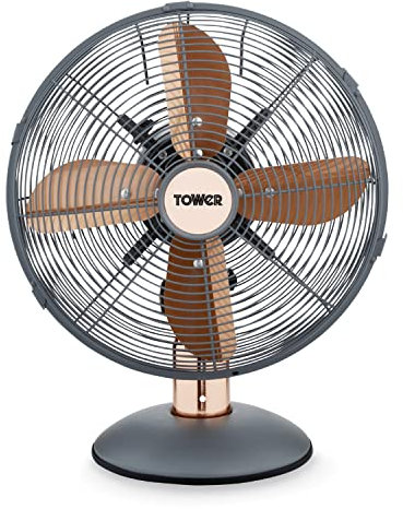 Tower T611000G Cavaletto Metal Desk Fan with 3 Speed Settings, 12”, 35W, Grey and Rose Gold