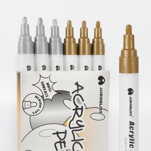 Aurobliss Stylo Doré et Argenté Pointe 2-3mm, 6 Pièces Feutre Acrylique Doré Argenté sur Bois, Tissus, Textile, Verre, Pierre Tombale Feutre Permanent