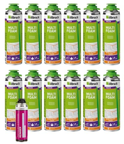 FM220 Bauschaum Montageschaum Pistolenschaum Multischaum Fensterschaum hohe Schalldämmung Wärmedämmung 500ml Kombisets (mit Reiniger AA290, 12x 500ml)