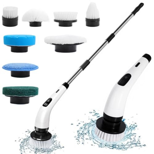 Hqynss Brosse de nettoyage électrique rotative à 360°, 8 têtes de brosse réglables pour les coins, crochets suspendus et câble de charge USB, toilettes, cuisine, fenêtre, plaque de sol, étanche et