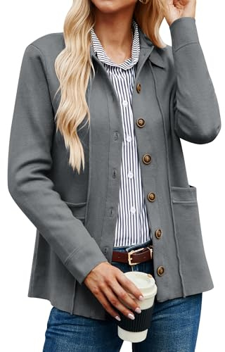 GRACE KARIN Cardigan Sweaters for Women Casual Knit Tops, Dark Gray, Large
