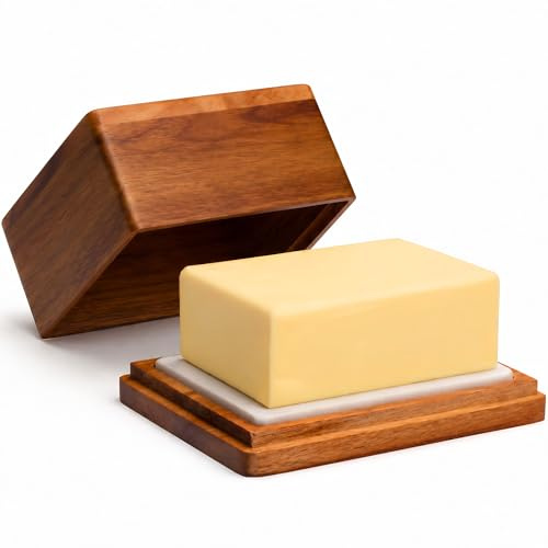 CALIDORO Mantequera de acacia con placa de mármol, para mantequilla delicada (250 g), cuenco de madera para guardar mantequilla ideal, campana de mantequilla, diseño de plato de mantequilla, apto para