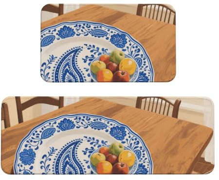 Blue Paisley Print Kitchen Rugs Set of 2, Cushioned Anti-Fatigue Kitchen Mats for Floor, Waterproof Comfort Standing Mat Absorbent Velvet Kitchen Runner Rugs 17x30+17x47