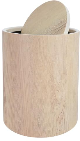 Toyvian Papelera de Oficina Redonda Vintage de Plástico con Tapa Abatible y Diseño de Veta de Madera, Portátil y Compacta para Cocina y Oficina