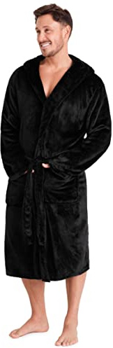 CityComfort Mens Dressing Gown Super Soft Mens Fleece Robe with Hood Gowns Bathrobe Warm and Cozy (M, Black)