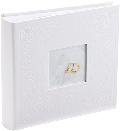 Kenro White Wedding Photograph Album for 200 Photos 6x4 inch / 10x15cm with Photo Window on Cover Finely Embossed Filigree Cover with Memo Space, Slip-In Pages, Pearl Wedding Ring Design – PL203