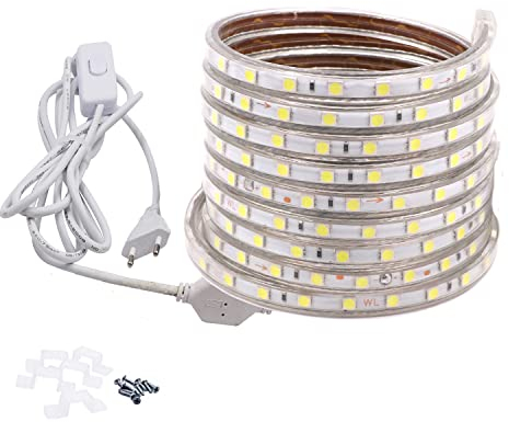 FOLGEMIR 3m Kalt Weiß LED Band mit Schalter, 220V 230V Lichtleiste, 60 Leds/m Strip, IP65 Lichtschlauch, milde Hintergrundbeleuchtung