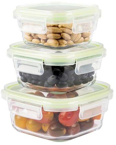Home Fleek Quadratische luftdichte Glas-Frischhaltedosen mit Deckel, stapelbare Frischhaltedosen, platzsparend, luftdicht, mikrowellen-, ofen- und gefriergeeignet, Meal Prep (3er-Set, Blau)