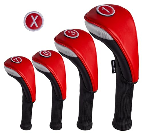Andux 4pcs/Set PU Golf Wood Club Head Covers 460cc Driver with Long Neck Red