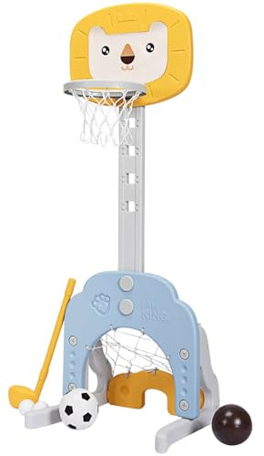 GYMAX 3-IN-1 Kids Basketball Stand, Basketball Hoop Set with Soccer and Golf Play, Height Adjustable Sports Activity Center for Toddler Children (Blue+Yellow)