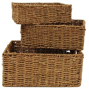simpa Seagrass Woven Shelf Storage Basket Hamper Set - 3PC Small, Medium & Large Set - Nested Storage Design