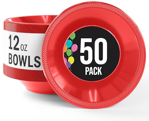 Party Solids 12 Oz Red Plastic Bowls Disposable Bowls for Hot Food Soup 50 Pcs - For Soup, Salad, Cereal, Desserts & Party Supplies
