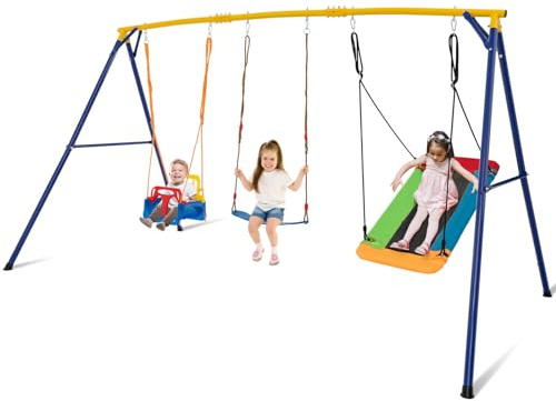 COSTWAY 3 en 1 Portique Balançoire Exterieur en Métal avec Siège Convertible & 2 Balançoire, Balançoire Enfants Extérieur avec Cordes Réglables & Cadre en Forme A, Charge 300kg pour 3-10 Ans