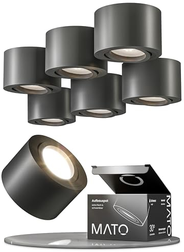 MATO 6x Aufbauspot schwarz - extra flach & schwenkbar - Ø80x50mm - Aufputz Spots Decke inkl. 5W LED Modul 230V 3000K/4000K/6500K - Deckenspots, Aufbaustrahler, Aufputz Deckenstrahler