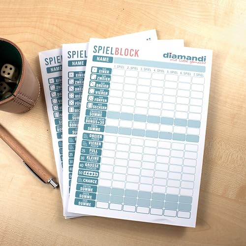 Diamandi Blocco da gioco per giochi di dadi, formato A5, 21 x 14,5 cm, 1 x 50 fogli, 3 x 50 fogli, 5 x 50 fogli, 10 x 50 fogli, carta robusta da 80 g/m² (5 blocchi)