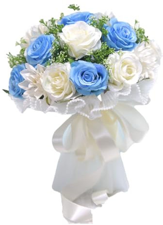 Wisafory Bouquet de mariée - Bouquet de mariée - Demoiselles d'honneur - Style coréen - Bouquet de roses artificielles - Pour mariage, fête, bouquet de décoration de Saint-Valentin - Bleu