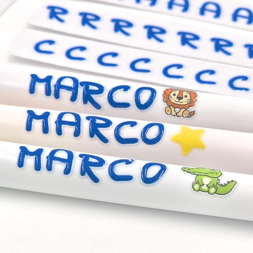 520 adesivi scolastici etichette a lettere adesive impermeabili per personalizzare con nome bambino colore blu con simpatici disegni per oggetti matite, penne pennarelli tazze boracce.