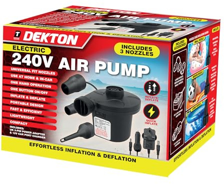 DEKTON Electric Air Pump 2-in-1 – Fast Inflation & Deflation for Air Mattresses, Pool Inflatables, Camping Gear | Portable & Lightweight Design | Includes 2 Nozzles | Ideal for Indoor & Outdoor Use
