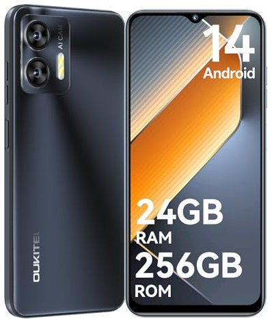 OUKITEL C36 256GB - Teléfono Móvil Libres 24GB +256GB/1TB, Android 14 Móvil, 6.56 HD+90Hz Telefono Movil, 5150mAh Batería, Cámara13MP, Smartphone 4G Dual SIM/Face ID/Fingerprint/GPS/OTG, (Negro) 2025