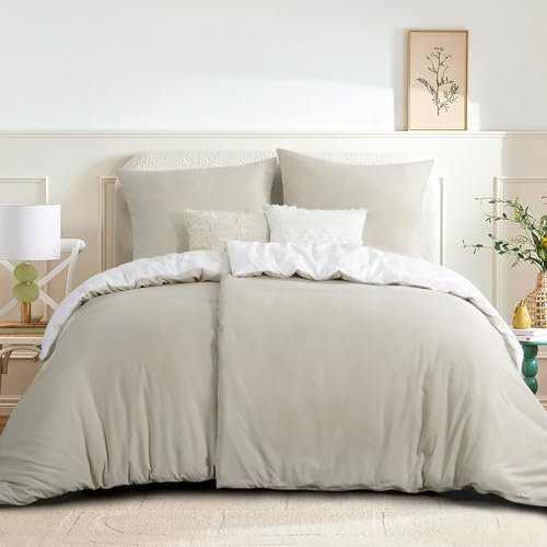 RUIKASI Ropa de cama de 135 x 200 cm, color beige y blanco, 4 piezas, reversible, funda nórdica de 135 x 200 cm con cremallera, ropa de cama de microfibra Öko-Tex, suave y no necesita planchado