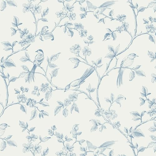 Yomshi Self Adhesive Wallpaper Blue Peel and Stick Bird Floral Wallpaper Sticky Back Plastic 41cmx10m Sketch Wallpaper Waterproof Vinyl Film for Bedroom Living Room