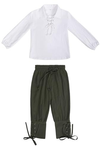 Mittelalterliches Set für Jungen, Hemd, Knöchelhose, Halloween-Kostüm für Kinder, schottische Jakobiten-Oberteile und Hosen Jungen Anzug Festlich 98 (Green, 8-10 Years)