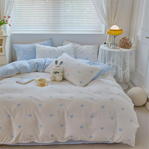 ZBOOM Juego de ropa de cama de 135 x 200 cm, diseño de corazones, color azul y blanco con corazones, reversible, con cremallera y funda de almohada de 80 x 80 cm
