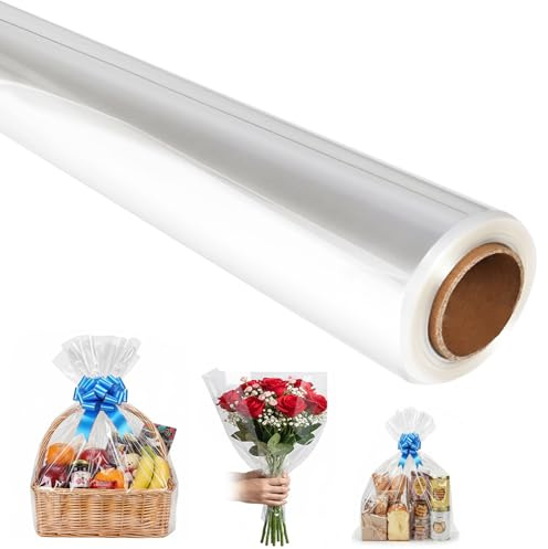 CHEPULA Papel de regalo transparente, 86 cm x 30 m, rollo de celofán transparente, 30 m de grosor, lámina transparente para flores, cestas de regalo, bodas, envoltorios de dulces, Navidad