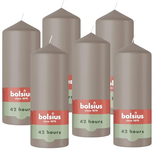 Bolsius - Essentials - Bougie Pilier - Pastel Taupe- 15cm - 6 Pièces - Bougie Décorative - Contient Cire Végétale Naturelle - sans Huile de Palme