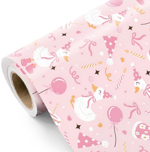RUSPEPA Rotolo Di Carta Da Regalo Silly Gooses Per Compleanno - Mini Rotolo - 43,2 Cm X 5 M - Carta Da Regalo Rosa Con Motivo A Oca Festa, Perfetta Per Bambine, Compleanni E Baby Shower