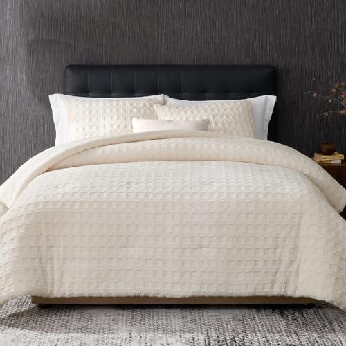 Amélie Home Waffle Comforter Queen Set, Beige Fluffy Fleece Bed Set, Super Warm Fluffy Plush Bedding Set for Winter, 3 Pieces,1 Cozy Comforter and 2 Pillowcases