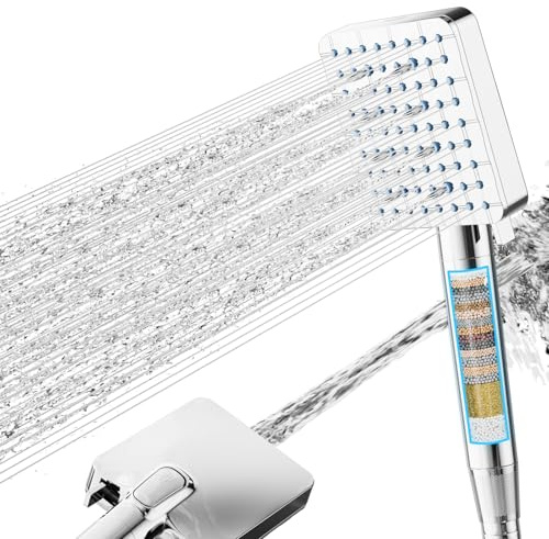 Cobbe Hard Water Filter Shower Head, High Pressure Shower Head and Hose with 20 Stage Filter, 6+1 Spray Modes Square Powerful Built-in Power Wash Showerhead for Residual Chlorine Remove, Chrome