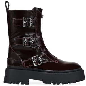 BOSANOVA Botas Militares para Mujer Efecto Charol con Hebillas metálicas Decorativas y Cremallera Central. Cierre con Cremallera Interior. Calzado para Mujer Burdeos 36