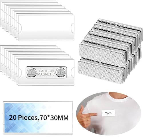 20 st klädnamnskyltar: TPTGIAR 70 x 30 mm, magnetiska akrylmagneter med 2-punkts självhäftande magneter för kläder, kontor, skola, konferenser