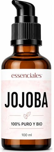 ESSENCIALES Aceite de Jojoba 100 Puro y Natural, Orgánico, Prensado en Frío - Equilibra el Sebo, Anti Imperfecciones - Aceite para Pelo, Piel, Uñas - Organic Jojoba Oil - Botella Vidrio y tapón serum