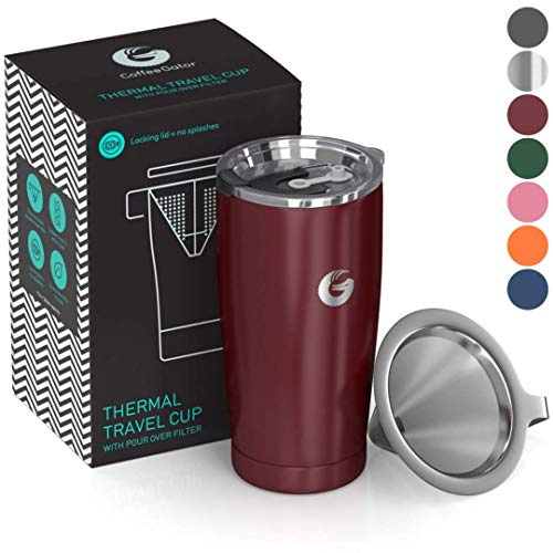 Coffee Gator Insulated Coffee Cup with Paperless Filter, All-in-One Hand Drip Coffee Maker with Filter, Thermal Stainless Steel Travel Cup for Hot Drinks - 585ml / 20oz (Red)