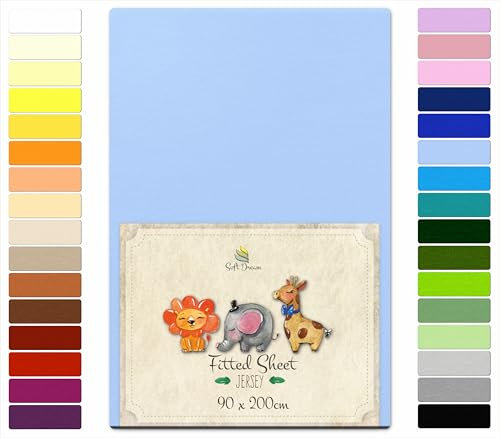 Soft Dream Spannbettlaken 90x200 cm Blau - 100% gekämmte Baumwolle Jersey - Premium Qualität - Spannbetttuch für Kinderbett Juniorbett - OekoTex Zertifiziert - Made in EU - 90x200cm Blau