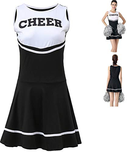 ThreeH Disfraz de Animadora Disfraces Uniforme Musical de Mujer Traje de porristas Talla única Sin Pompones,Black