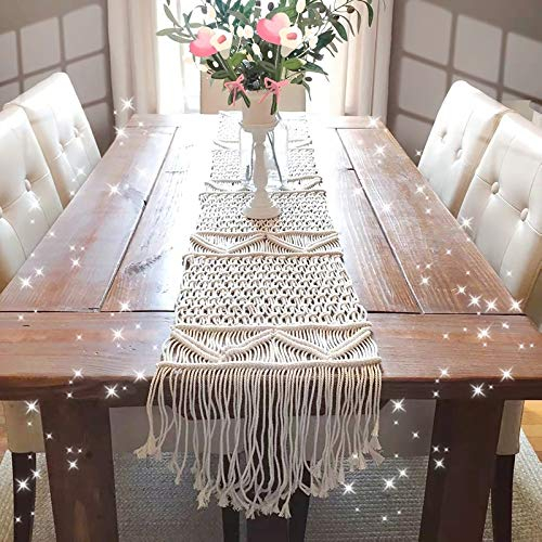 WUWEOT Tischläufer Makramee 32 x 200 cm Macrame mit Langen Quasten Table Runner Bohemia Handgewebt Tischdecke Boho Dekor für Rustikale Hochzeit Esstisch oder Couchtisch Landhausstil