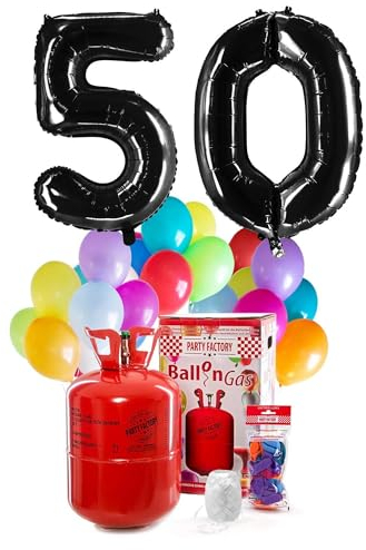 PARTY FACTORY Helium Geburtstags-Komplettset 50 - mit XXL Zahlenballons, 0,4m³ Ballongas, Ballonschnur & 30 bunten Latexballons - für Geburtstag, Jubiläum, Jahrestag - versch. Farben (Schwarz)