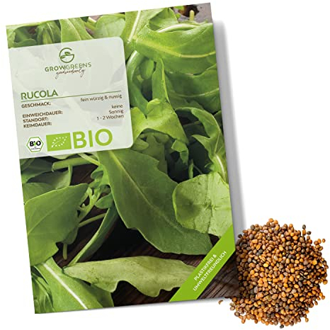 BIO Rucola Samen (Eruca sativa, 500 Korn) - Rauke Saatgut aus biologischem Anbau ideal für die Anzucht im Garten, Balkon oder Terrasse