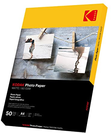 Kodak Lot de 50 feuilles de papier photo mat 180 g/m² - Format A4 - 210 mm x 297 mm - Pour imprimante à jet d'encre - Papier photo - Cartes photo - Séchage instantané - Étanche - Blanc