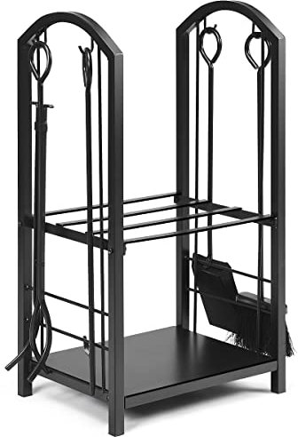 GiantexUK Metal Firewood Rack, Heavy Duty Fireplace Log Holder, Indoor & Outdoor Fireside Wood Storage Shelf with 4 Fireplace Tools Set (Black)