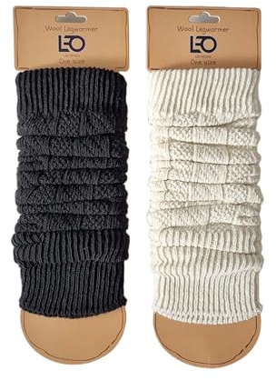Leo Design 2X Natural Lambs Wool Women Leg Warmer- Blend of Lambs wool and Polyamide- Cable knitted Leg Warmer - One Size- Luxury Cold winter/Legwarmer (1X Black + 1X Egg - Shell)