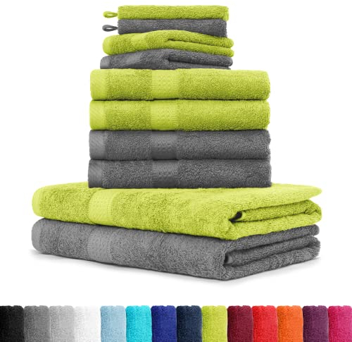 BaSaTex 10er Pack Handtuch Set - Frottee Handtücher mit Aufhängeschlaufe - 4X Handtuch, 2X Duschtuch, 2X Gästetuch, 2X Waschhandschuh - Öko-Tex Made in Green Zertifiziert - Anthrazit/Apfel