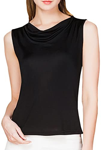 MOROUTLINE Womens Mulberry Silk Tank Top/Sleeveless Cowl Neck Pure Silk Blouse Tops|Summer Real Silk Tank T-Shirt Black Large