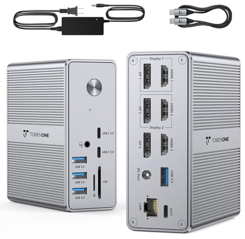TobenONE DisplayLink Docking Station Triple Monitor with 120W Power Adapter, Triple 4K Display for MacBook Pro/Air, Thunderbolt 4/3, USB-C Windows(3X HDMI, 3X DP, 2xUSB-C, 4xUSB 3.2, SD/TF)
